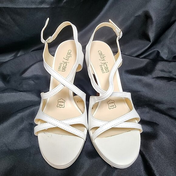 Vintage Cathy Jean White Leather Strappy Heels Size 8 | 5 Inch High Heel Sandals - Picture 4 of 9